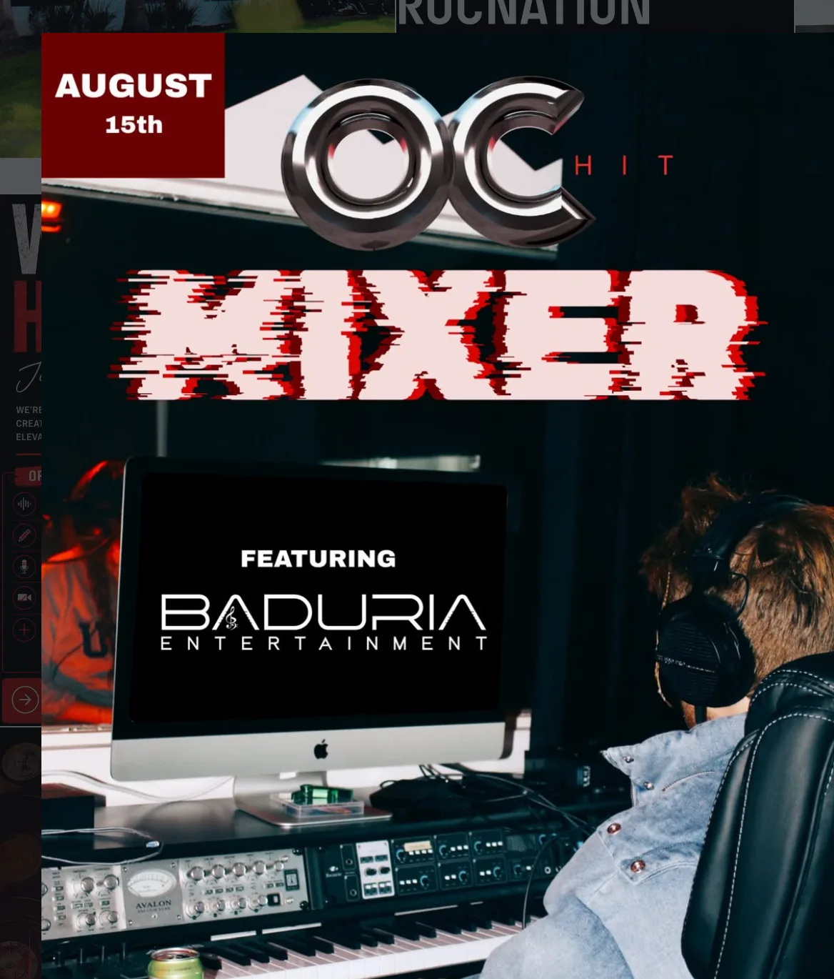 Poster for the 'OC Hit Mixer' event on August 15th, featuring Baduria Entertainment, with a producer wearing headphones at a studio mixing desk.